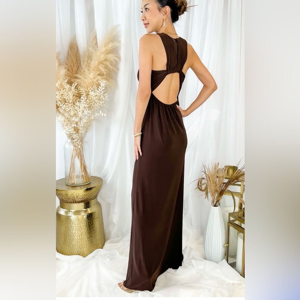 NWOT SIZE XS MISA Pargol Dress Brown Stretchy Open Back Maxi MSRP $372
